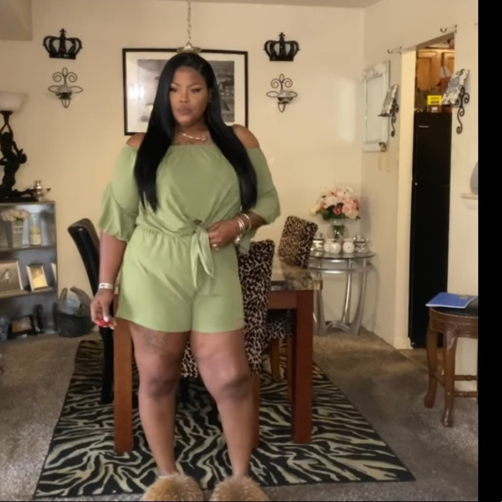 Green Bell Sleeve Off The Shoulder Tie Knot Romper